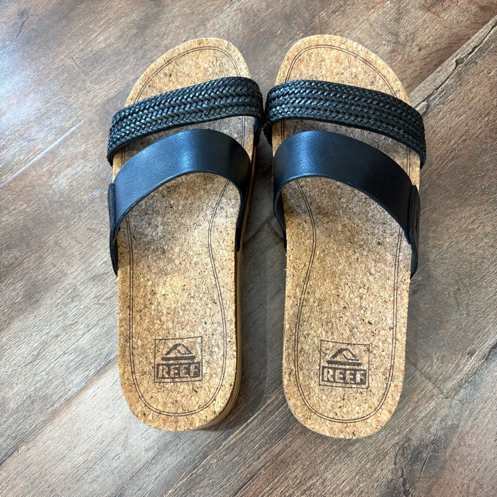 Reef Platform Slide Sandals Black Cork Footbed Size 9